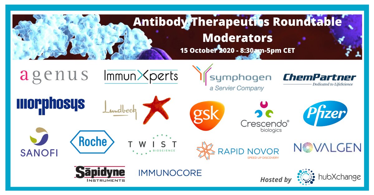 We're excited these companies will host 60min roundtable discussions on Oct 15 on: #TargetSelection, #LeadIdentification, #AntibodyOptimisation, #AlternativeFormats,T#TargetedTherapies. Register:bit.ly/34efCXV 
#antibodytherapeutics #Pharma #Lifesciences #Biotech
