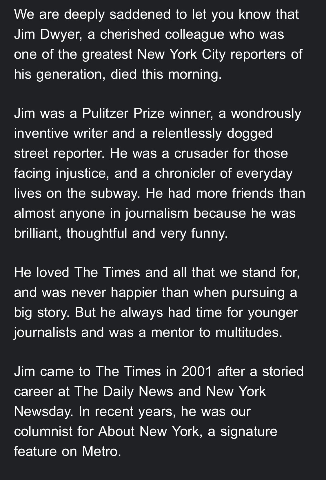 Sam Dolnick on Twitter: "Devastating news. ⁦@jimdwyernyt⁩ was a journalistic and moral hero. He embodied the best of city reporting and was an extraordinarily good writer and an even better man. https://t.co/wslErZ6DA9" /