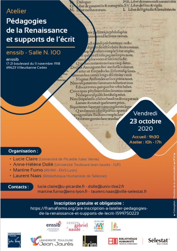 Glad to see this wonderful workshop at Sélestat will still happen—but now in October 2021 (not the date on the poster)!