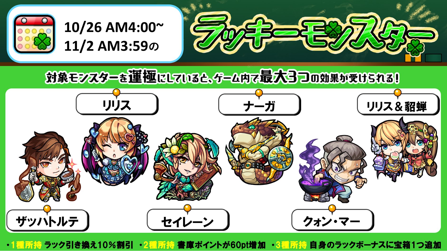 モンスターストライク公式 モンスト 次回のラッキーモンスター 対象モンスターを運極にしている種類数に応じて 最大3つの効果が受けられます 詳細はこちら T Co Grzhh23tka モンスト T Co 5eu1b8de1w Twitter