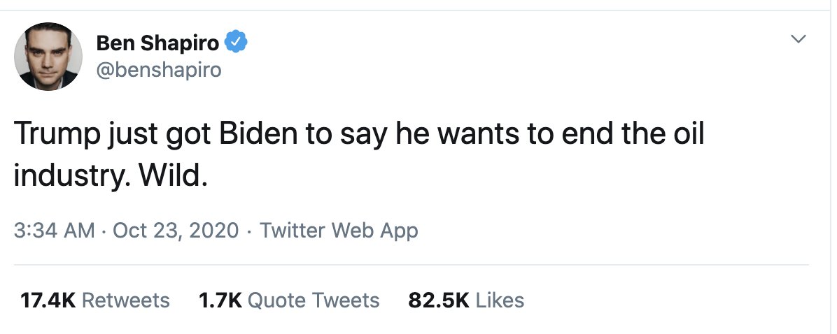 The most popular tweets of the night:1- Joe Biden (25K retweets, 152K likes)2- Ben Shapiro (21K retweets, 92K likes)3- James Woods (17K retweets, 69K likes)4- Daniel Dale (15K retweets, 59K likes) #Debates2020  