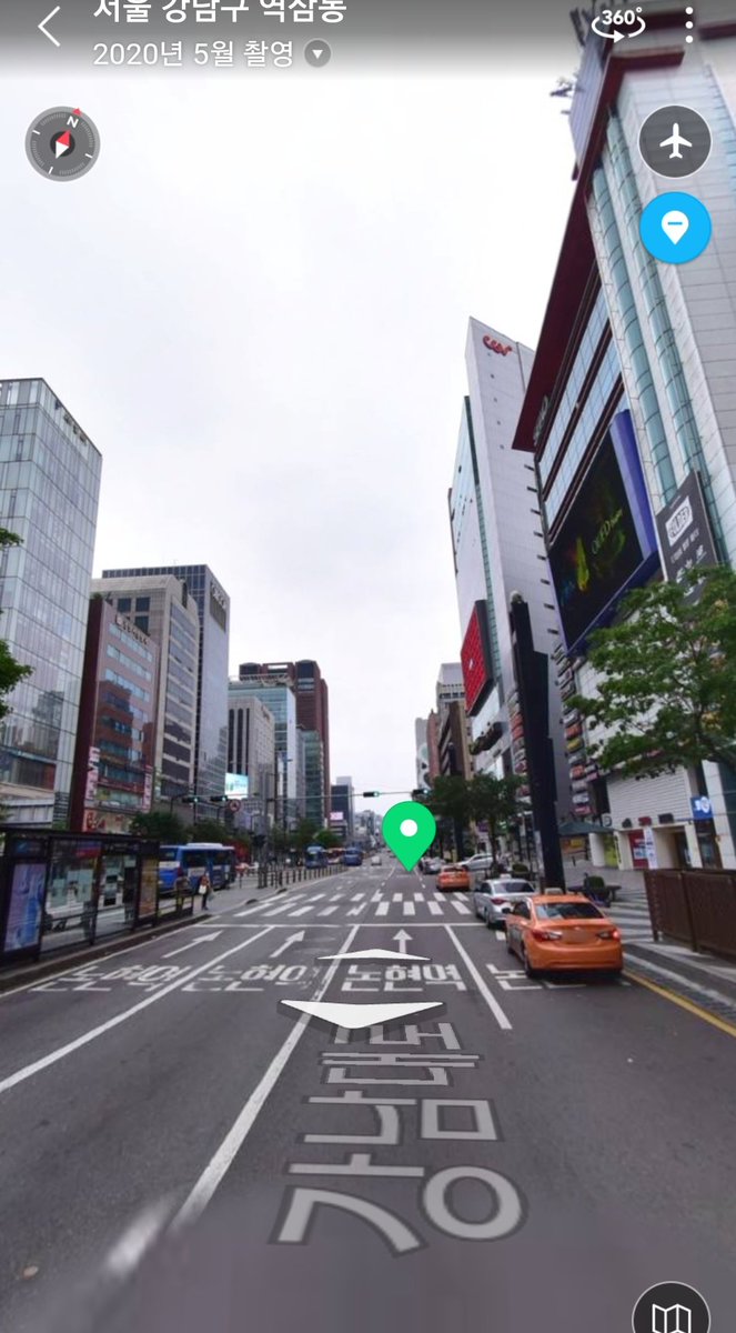 2. Gangnam-Daero Arguably the most crowded, the busiest area in Seoul: You can see CGV on the righthand side of the big street. (It deosn't look that crowded from the street view sc) Home of all test-prep institutions, beauty clinics, bars, cafes, and others