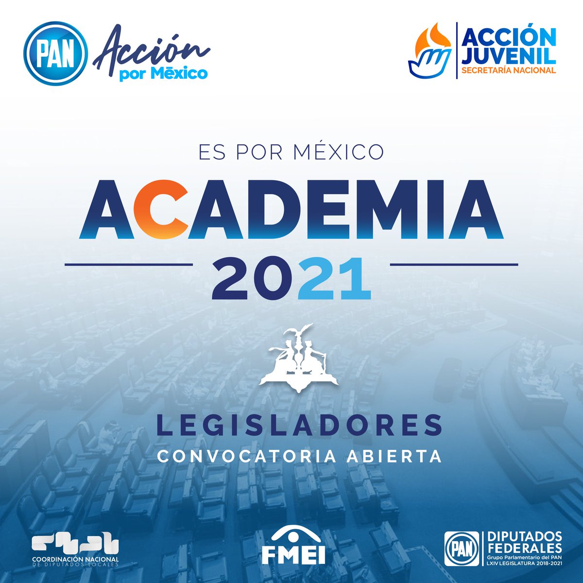 ¿Quieres ser diputado del PAN🔵 en 2021?
#AcciónJuvenil, @diputadospan🙋♀️🙋♂️, la Coordinación Nacional de Diputados Locales y la Fundación Miguel Estrada Iturbide te invita a participar en la Academia 2021.
Convocatoria📲 https://t.co/l2TGCRey5C https://t.co/i2TAyBJavK