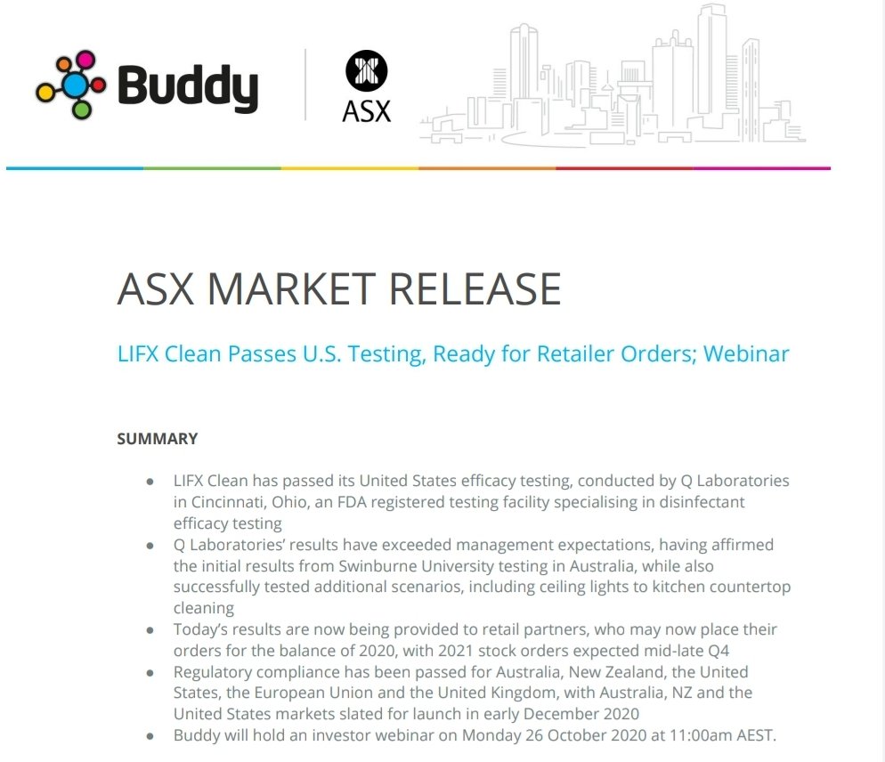 PostMaster_ASX's tweet photo. $BUD #asx #LIFX
Buddy Technologies confirming the new #LIFXClean has passed US testing and will be taking orders from retailers in time for Xmas https://t.co/iUFzLvtwnn