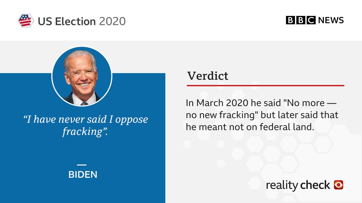 Mr Biden's campaign site says the Democrats would protect "America's natural treasures by... banning new oil and gas permitting on public lands and waters" But they are not opposed to fracking in general  #BBCRealityCheck  #Debates2020    http://bbc.in/37sTZq2 