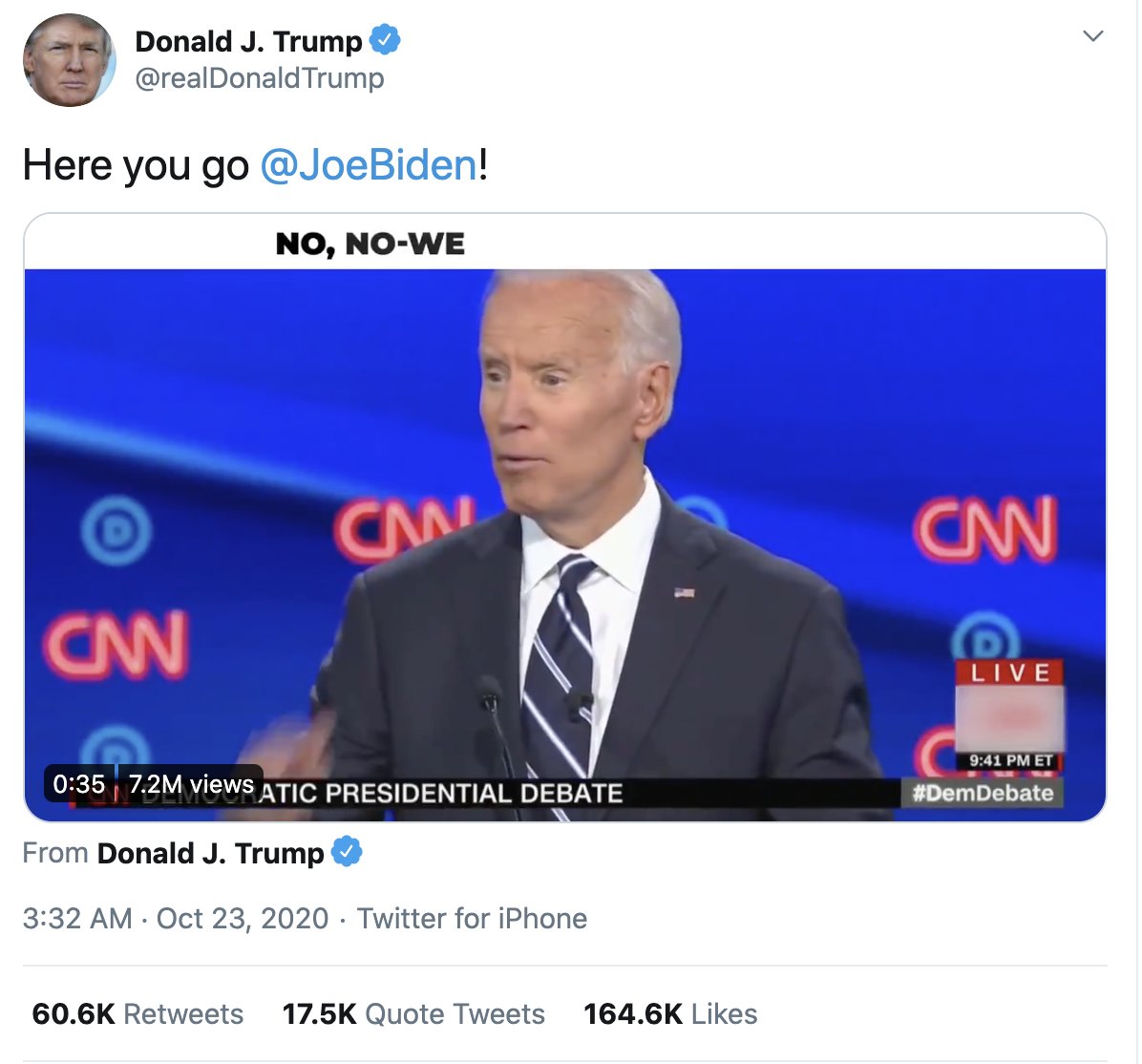 UPDATE: This tweet by  @realDonaldTrump right at the end of the debate has now surpassed all the others and is officially the most popular tweet of the night with 78K retweets and 168K likes  #Debates2020  