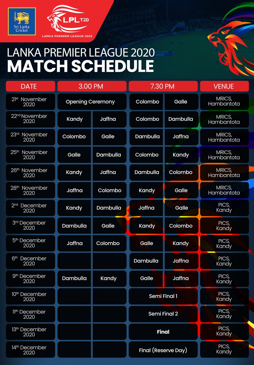 Sri Lanka Cricket Match Schedule Of The Lanka Premier League Lpl Lplt