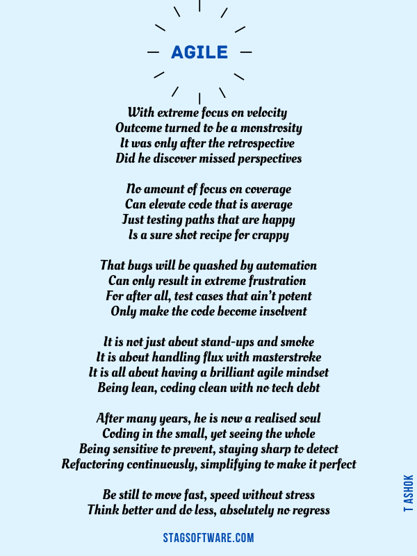 STAGSoft's tweet photo. "Be still to move fast", "Think better and do less",
two mantras that help me in staying #agile, creatively word smithed as "Agile" in this week's #FridayFeelings poem.
#STAGSoftware https://t.co/4ONzMR5Y6l