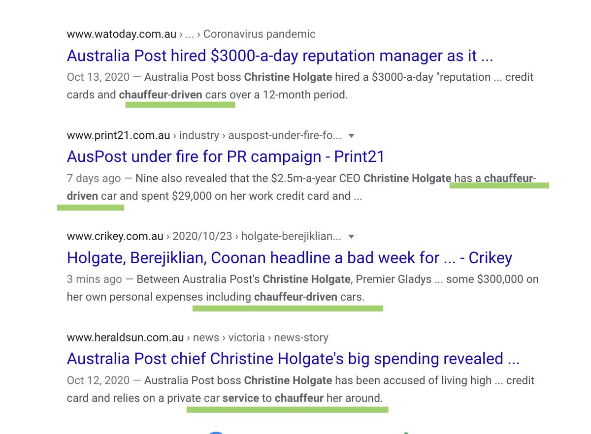 If we look at the phrase Scott Morrison's comms team and the Liberal HQ dirt unit have artfully scattered about - we can see that their work is done. No mention of the fact the previous CEO of Aust Post ALSO had a car & driver.And three times Holgate's salary (at $5.6M pa).