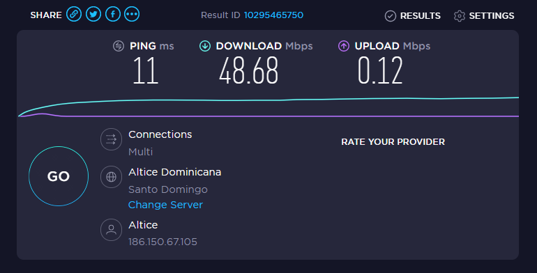 HamletDisla's tweet photo. @altice_do @SomosAlticeDo @AlticeB2B_USA @altice_labs 
Tengo 4 dias con este problema: De 6:00PM a 11:00PM la velocidad de subida se degrada. https://t.co/XRCZbGmuam