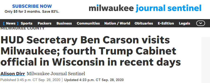 They're so busy with this taxpayer-funded battleground state travel in fact that when Health and Human Services Secretary Ben Carson showed up in Wisconsin last month it turned out he was the fourth Cabinet official to visit the state that week. 14/