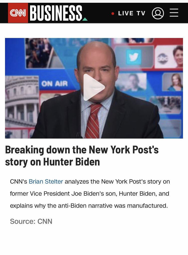  @CNN Not to be outdone,  @CNN’s  @brianstelter called the Post’s reporting unverified and “manufactured.”This is pretty rich from an outlet that had disgraced lawyer Bruce Ohr on to push salacious and unverified allegations from the Steele dossier.