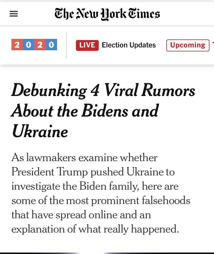  @nytimes The Times was a competitor for a top spot. You may remember that, back in 2017, even Jim Comey disputed the Times’ coverage on Steele & Russia.On the Bidens? In 2019 they “debunked” the “viral rumor” that Hunter had problematic foreign business relationships. Oof.