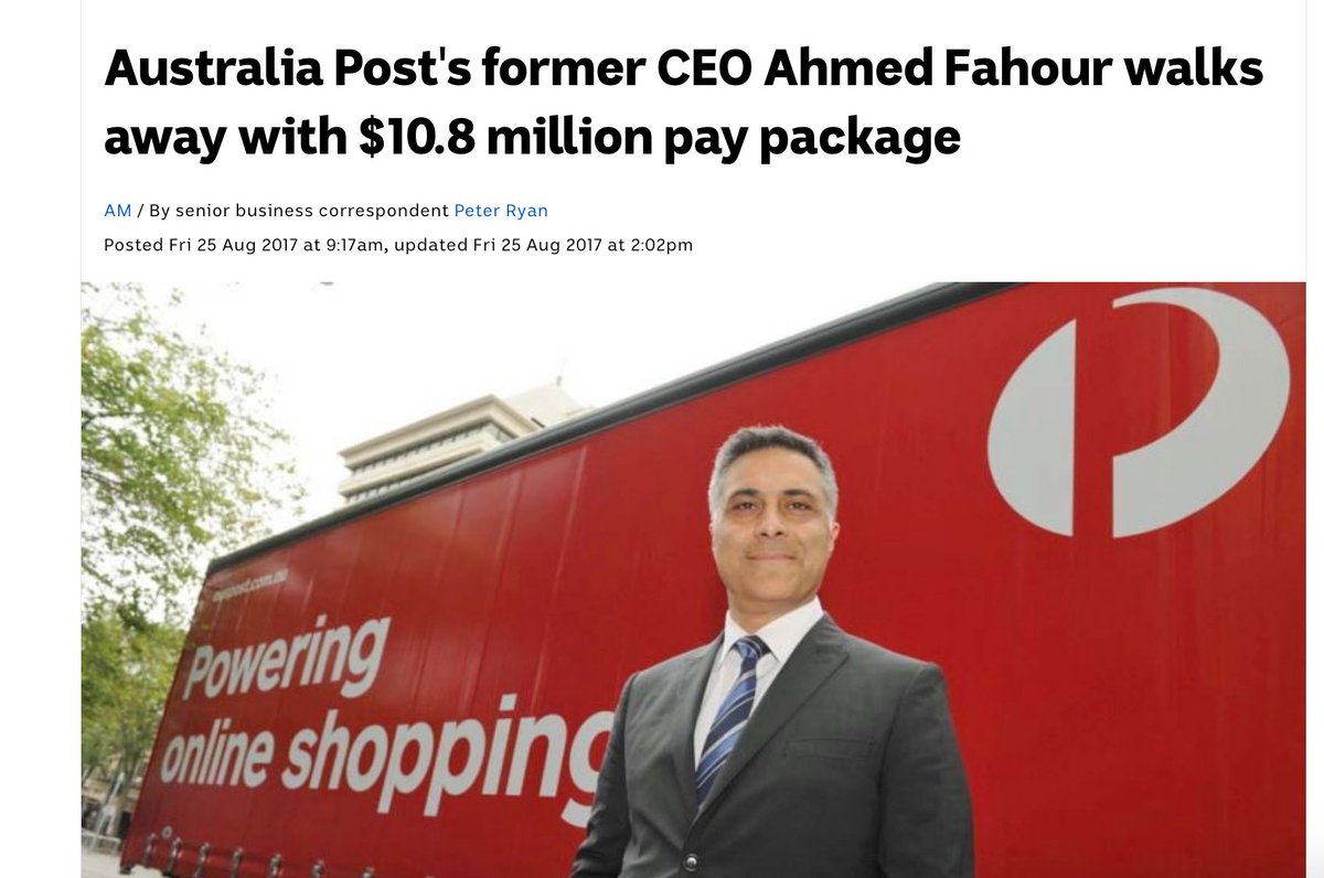 The previous CEO of Australia Post, Ahmed Fahour received almost $7 million in 2017.He also received a further $4 million for "executive incentives" in 2016.Which is 1,333 x Cartier gift watches. No word from Scott Morrison the Treasurer then.