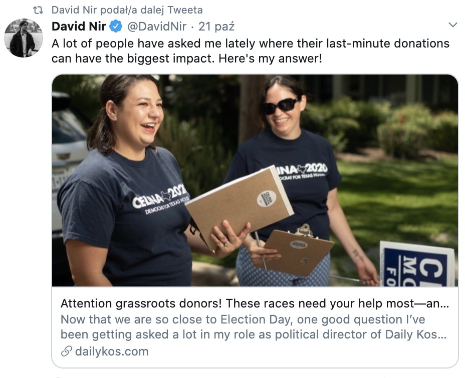 Screenshot of tweet by David Nir encouraging people to make last minute donations where they have the most impact