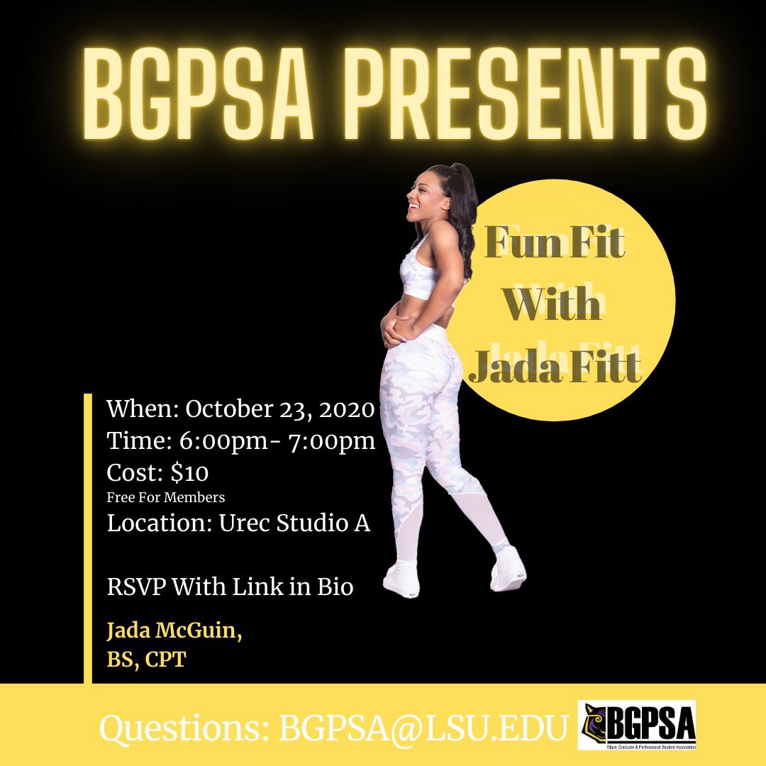 COME OUT! Tomorrow we are going to be joined by LSU Alumna , JadaFitt , as she takes us through a fun fitness class! Please RSVP with the link in our bio! Anyone is welcome!