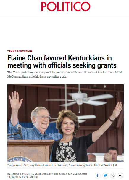 Transportation Secretary Elaine Chao has been more focused on using her agency to help her husband Mitch McConnell get re-elected (she's also under investigation), but she has used her title in pro-Trump opinion pieces in prominent battleground state newspapers this fall. 18/