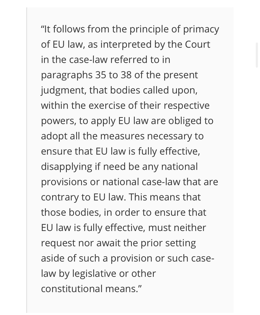 Now, firstly, as Minister for Justice and The Commissioner of An Garda Síochana v WRC (Case C-378/17) confirms, sometimes there are national laws that just aren’t legal.Laws that conflict with EU law are, strange as it sounds, illegal laws.And the state must just ignore them.
