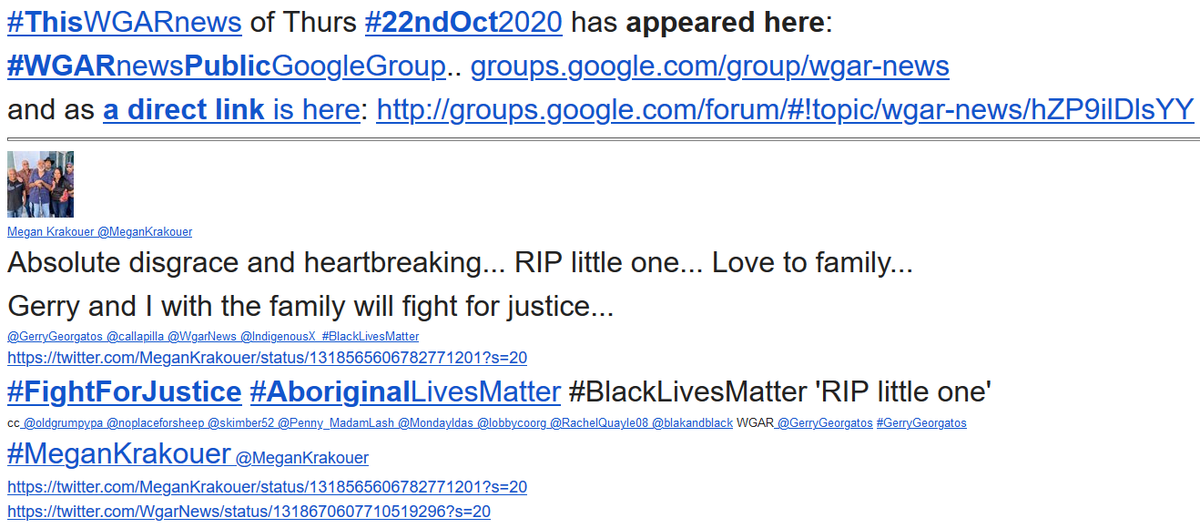 WgarNews's tweet photo. #MeganKrakouer: '#RIPlittleone' '#LoveToFamily' | #BethanyWilliams: '#ThisBabyGirlNeedsJustice' https://t.co/wcWsalmV5O | #GerryGeorgatos: '#aVigil for11yo #AnnaliesseUgle' | 'AnAlleged #ChildRapistGivenBail' #11yoLostToSuicide #ThisWGARnews #22ndOct2020: https://t.co/4DQlUPS9nd https://t.co/IXFm98ZmNa