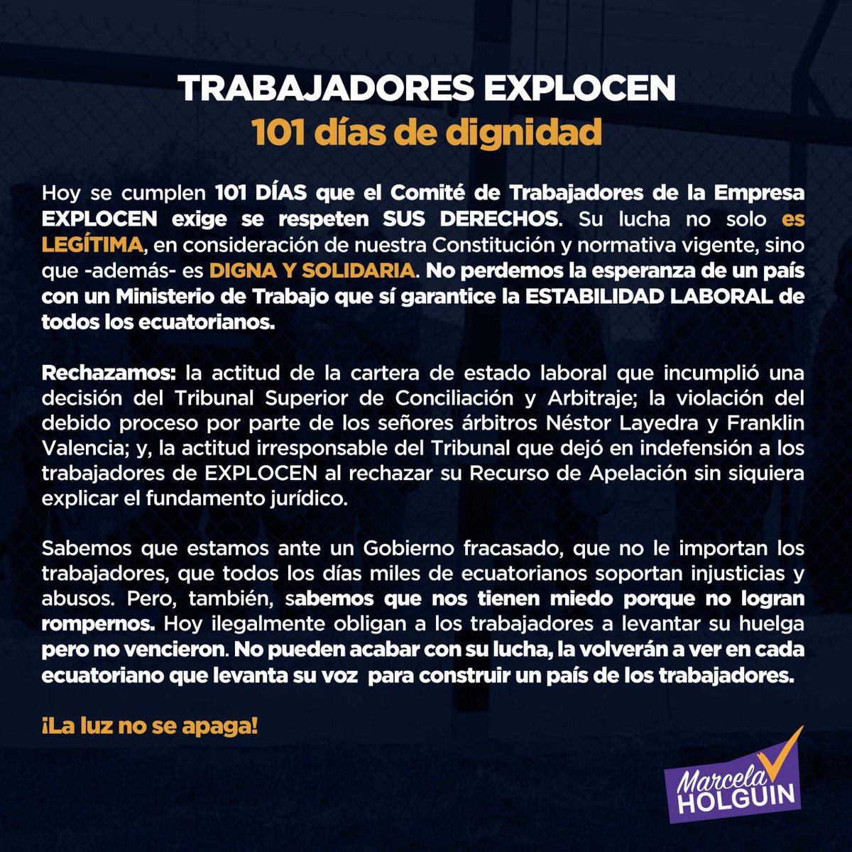 marcelaholguin's tweet photo. Vulnerar los derechos de los trabajadores de @explocen es violentar los derechos laborales de todos los ecuatorianos. No podrán acabar con nuestra lucha por un país de trabajadores. ¡La luz no se apaga! #ConLosTrabajadores #LegítimaHuelga https://t.co/LPGYugq62d