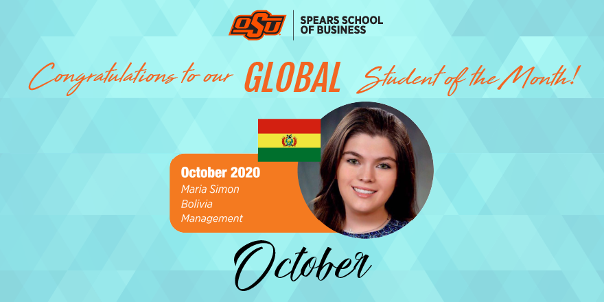 OSU_CAGLE's tweet photo. Maria Simon, from Santa Cruz, Bolivia, is our Undergraduate Global Student of the Month for October! Maria is a Management major with an emphasis in Human Resources and a minor in Business Sustainability.
Read more about Maria at our website. 
https://t.co/Bt9VI51rZh https://t.co/sgl0jTf6hQ