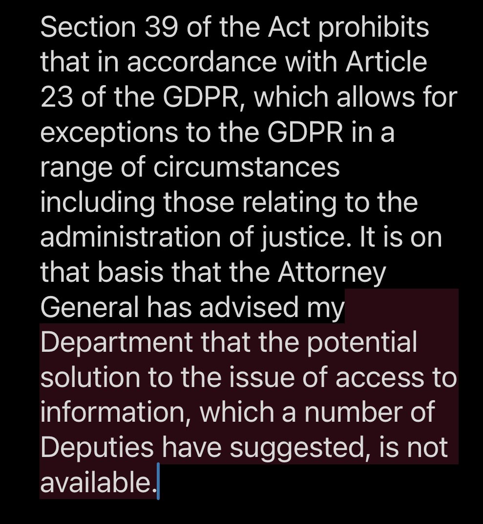 Before we go in, let’s remind ourselves of the Minister’s claimed basis, on which his entire position rests, for asserting Section 39 of the 2004 Commissions of Inquiry Act can oust people’s GDPR data access rights.An exception “relating to the administration of justice.”OK.