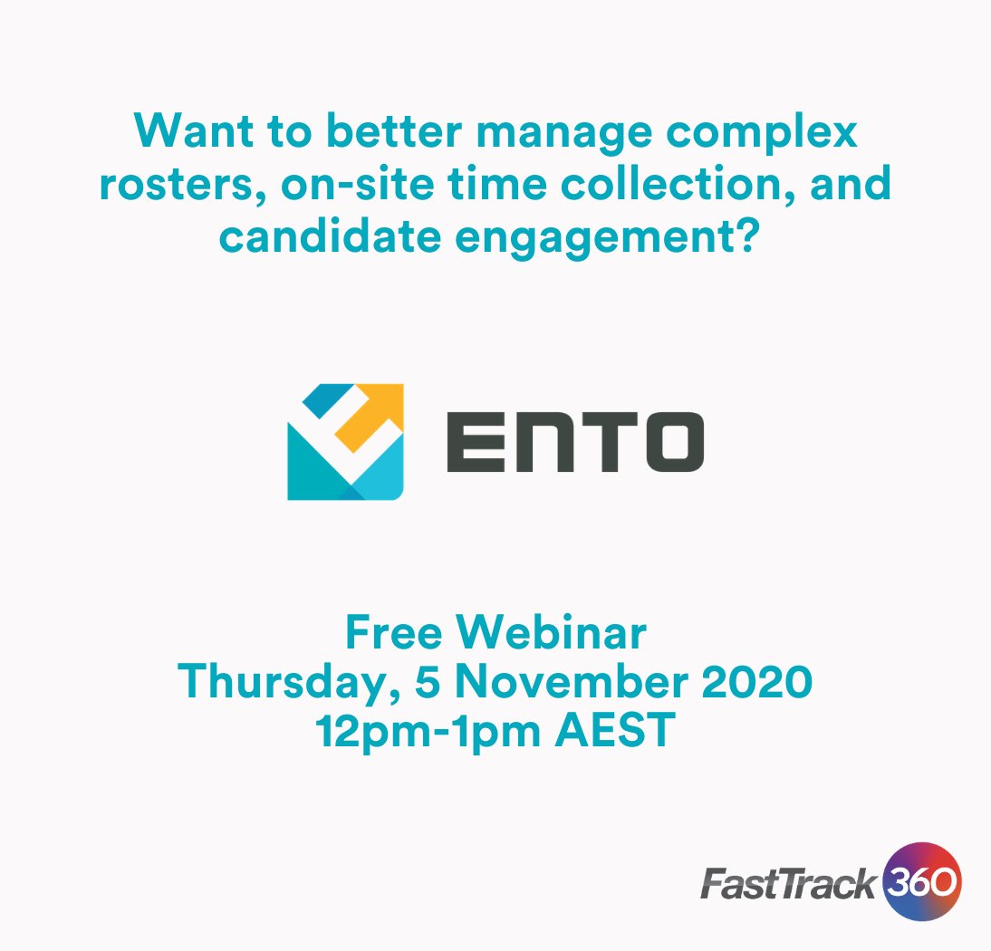 FastTrack_360's tweet image. Want to better manage complex rosters, on-site time collection and candidate engagement?

Now you can with FastTrack360 &amp;amp; Ento.

Join the free webinar on Thursday, 5 November from 12pm-1pm AEDT. 

Register now!

bit.ly/37u7Lsh

#Ento #complexrosters #onsiteclocking