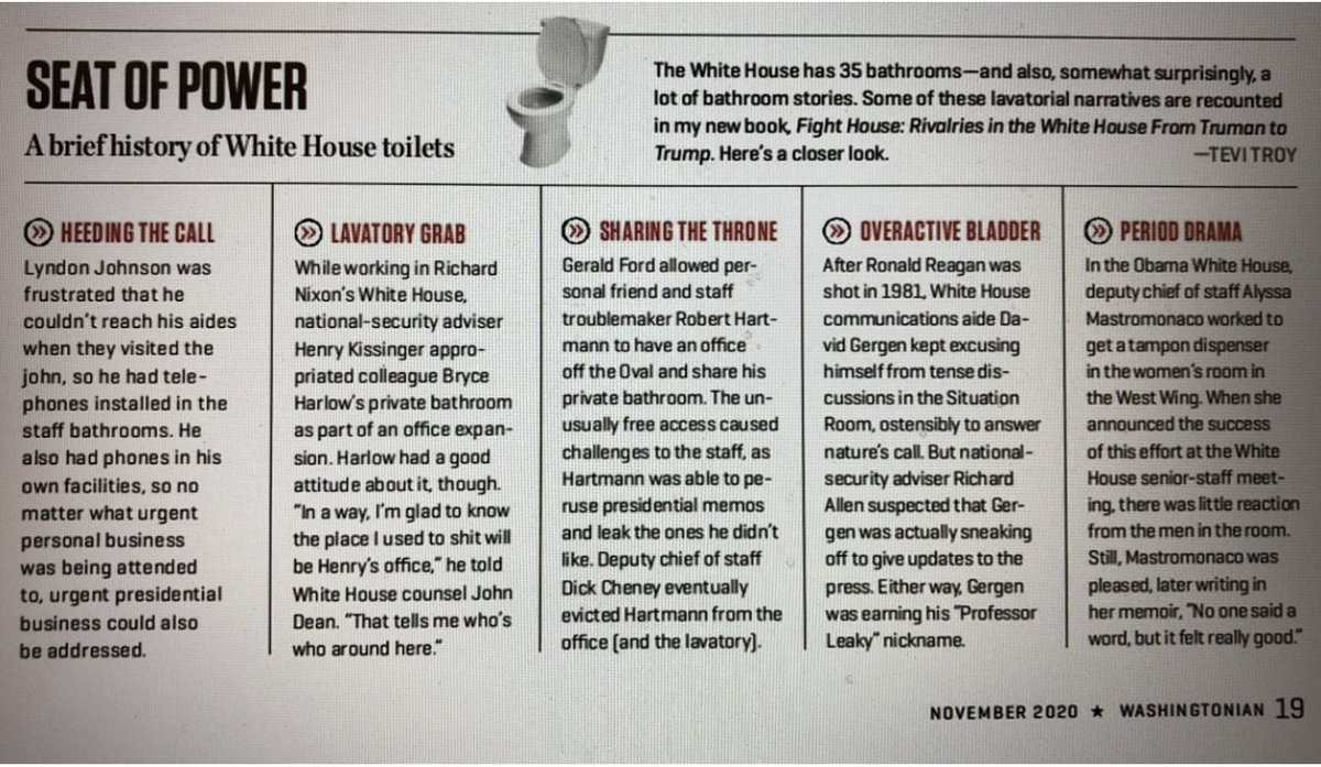Howard Mortman (@howardmortman) on Twitter photo NOT THE OUT HOUSE, THE WHITE HOUSE:
In November issue of <a href="/washingtonian/">Washingtonian 🌸</a> magazine, we learn from <a href="/TeviTroy/">Tevi Troy</a> and his new book <a href="/FightHouse2020/">“Fight House: Rivalries in the White House ...”</a> that "the White House 35 bathrooms -- and also, somewhat surprisingly, a lot of bathroom stories." NOT THE OUT HOUSE, THE WHITE HOUSE:
In November issue of <a href="/washingtonian/">Washingtonian 🌸</a> magazine, we learn from <a href="/TeviTroy/">Tevi Troy</a> and his new book <a href="/FightHouse2020/">“Fight House: Rivalries in the White House ...”</a> that "the White House 35 bathrooms -- and also, somewhat surprisingly, a lot of bathroom stories."