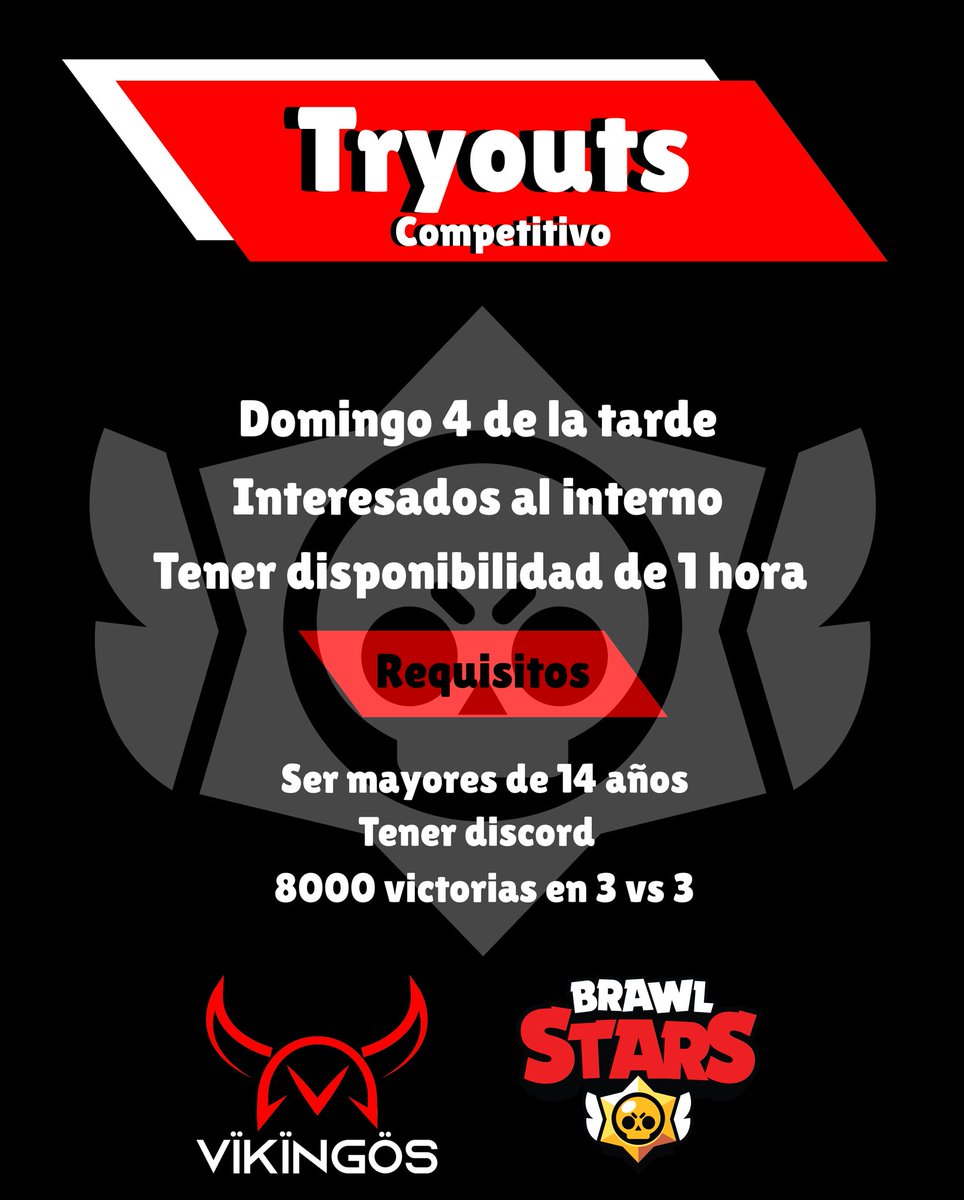 Tryouts para entrar al equipo competitivo de VÏKÏNGÖS si tienes 14 años o más y 8000 mil victorias en 3vs3 podrás presentarlos para ganarte tu cupo en este equipo competitivo. 
<a href="/ComunidadCol_BS/">Comunidad Colombiana de BS</a> #brawlstarslatam #brawlstarscolombia