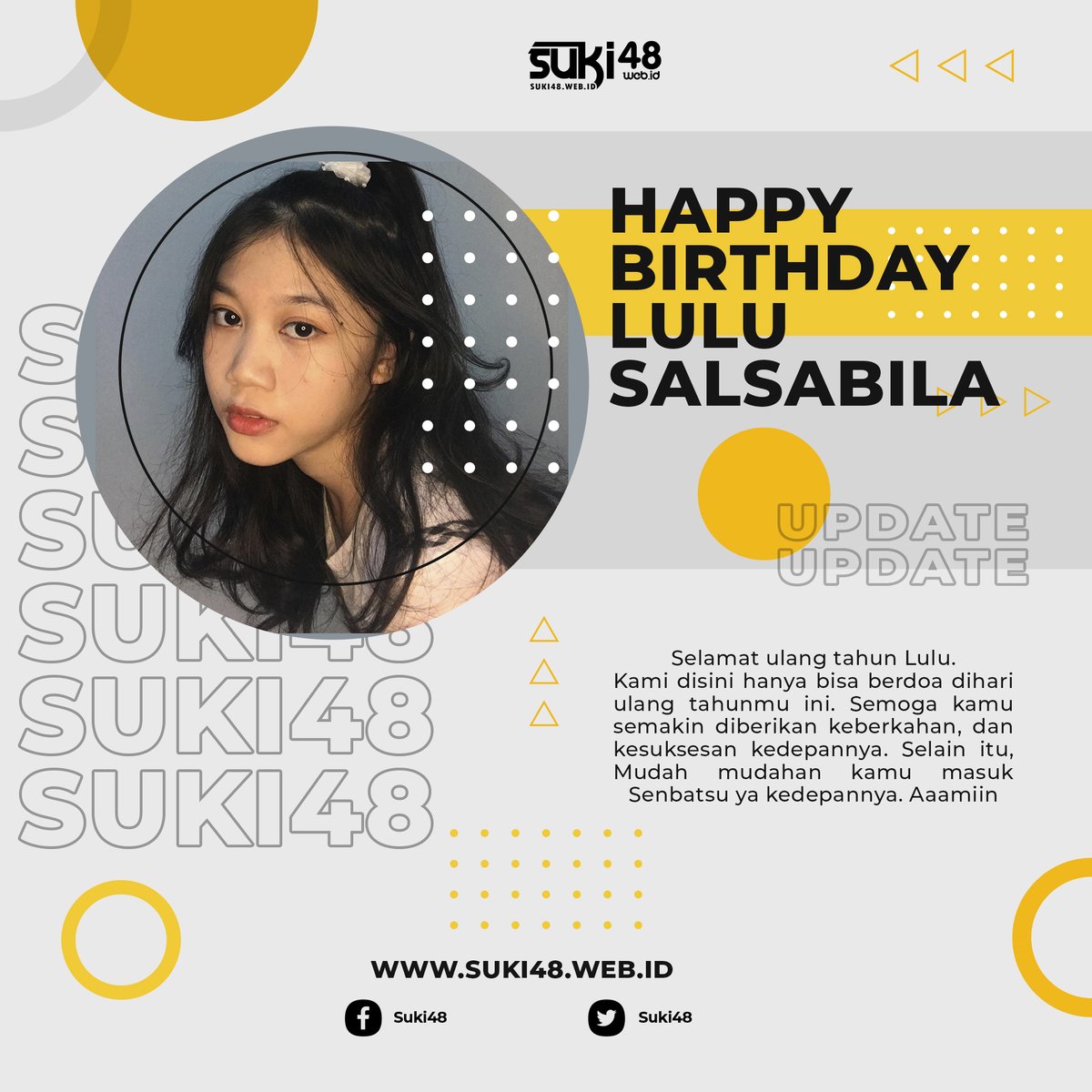 suki48_'s tweet photo. Selamat ulang tahun sayangku @A_LuluJKT48
Dirimu adalah bintang terindah yang akan selalu dalam kebahagiaan dan selalu menebar kebahagiaan.
Kami bangga memiliki kamu.
#LLXVIII #suki48 #update48 https://t.co/RlaEjl7SkV