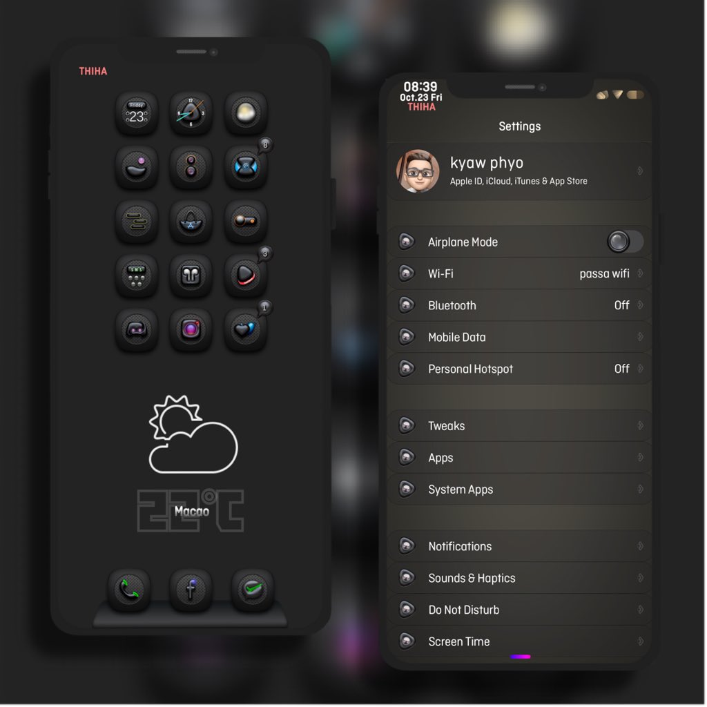 kyawthihaphyo's tweet photo. Good Evening/ Morning my friend 
Today with my #CuteBlack
#HideStatusbarItems12X @JunesIphone 
#Bettersetting @MidnightChip 
#RS_Simple_28 in my dropbox 
#Dock from B.Lur theme of mine 
#NicebarX @NiceiOs 
#ScreenshotX @JunesIphone 
#Xenhtml @_Matchstic 
#Snowboard @SparkDev_ https://t.co/emiTX2rAph
