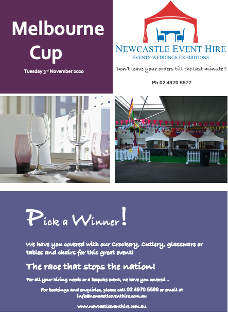 The Race That Stops the Nation!
Order your Champagne and Wine glasses and let's cheer them to a win!
For bookings and enquiries please call 02 4970 5577
or drop us an email info@newcastleeventhire.com.au