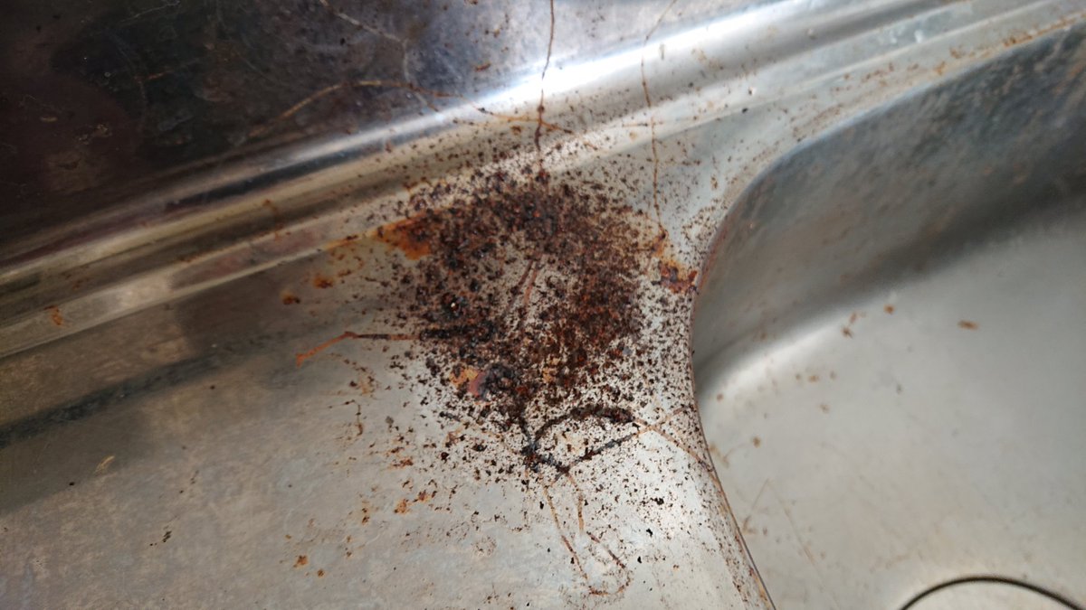 三田尻 来月早々に入居が決まっているアパート 台所に前入居者か放置していったもの 排水口の塩素系のヌメリ取り ステンレスが見事に錆びてる 幸いにまだ穴は空いてなかった まぁ使ってはいけないものの一つ