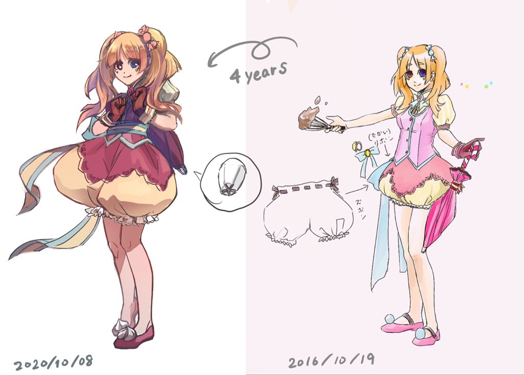 キャンディちゃんのキャラデザ!
4年前のキャラを描いています?
キャラデザをあまり変えず、シルエットとカラーリングの調整だけでだいぶ上手いっぽくなりました?時間はどちらも3hくらいかな? 