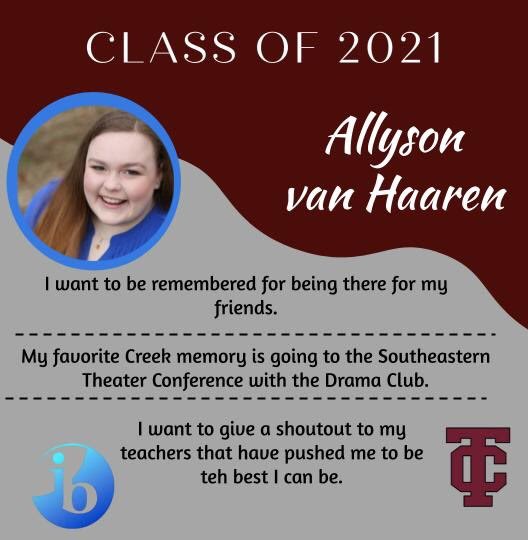 TCHS Senior Spotlights 
#wearecreek #creeknation #centrepkwybuilt #classof21
Submit your info:
bit.ly/tcsenior21 @mrmills_tc @TCHSacademies