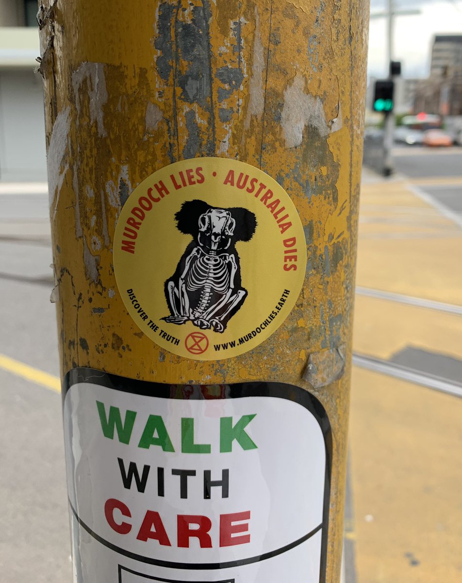 AlmaSanterre's tweet image. News Corp publishes climate denialism. I spotted a few tiny but intriguing anti-Murdoch stickers around Thornbury this morning. #ClimateEmergency #NewsCorp #climatedisinformation