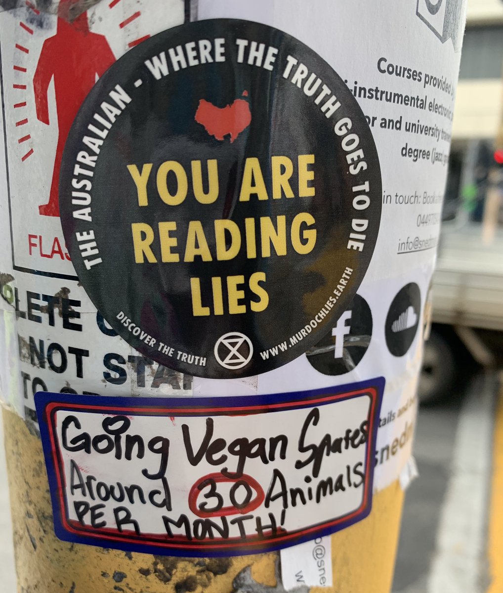 AlmaSanterre's tweet image. News Corp publishes climate denialism. I spotted a few tiny but intriguing anti-Murdoch stickers around Thornbury this morning. #ClimateEmergency #NewsCorp #climatedisinformation