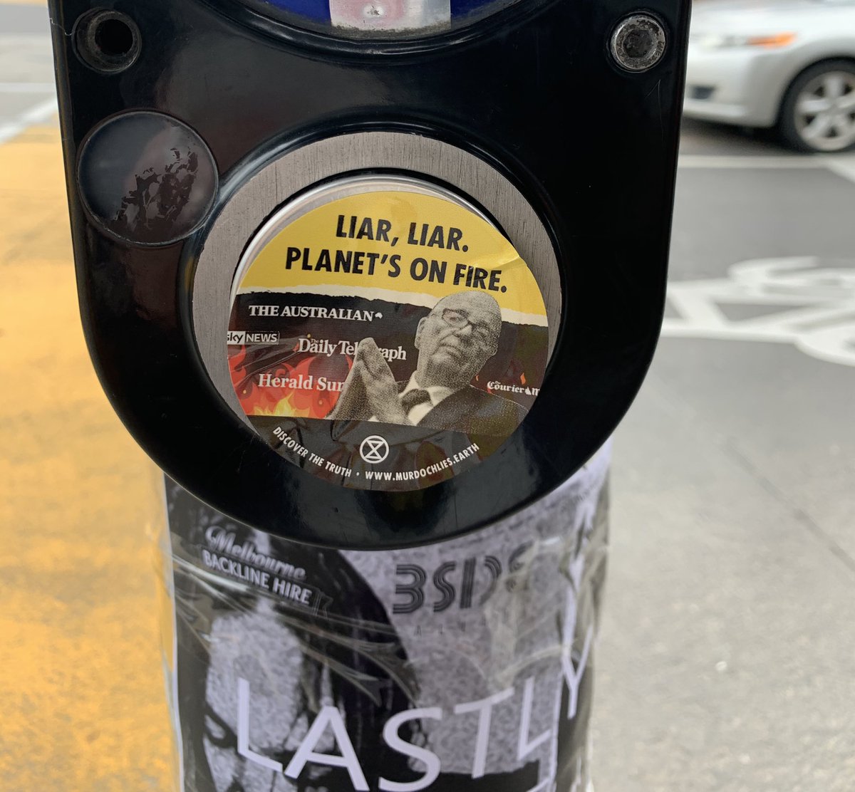 AlmaSanterre's tweet image. News Corp publishes climate denialism. I spotted a few tiny but intriguing anti-Murdoch stickers around Thornbury this morning. #ClimateEmergency #NewsCorp #climatedisinformation