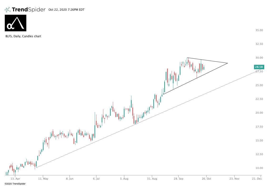  $BLFS. Med tech was super hot for the last month, and sold off a bit over the last few days along with other tech growth names. People are selling off more speculative positions into the election, these rotations are why  $SPX stalling. Look for the pennant break!