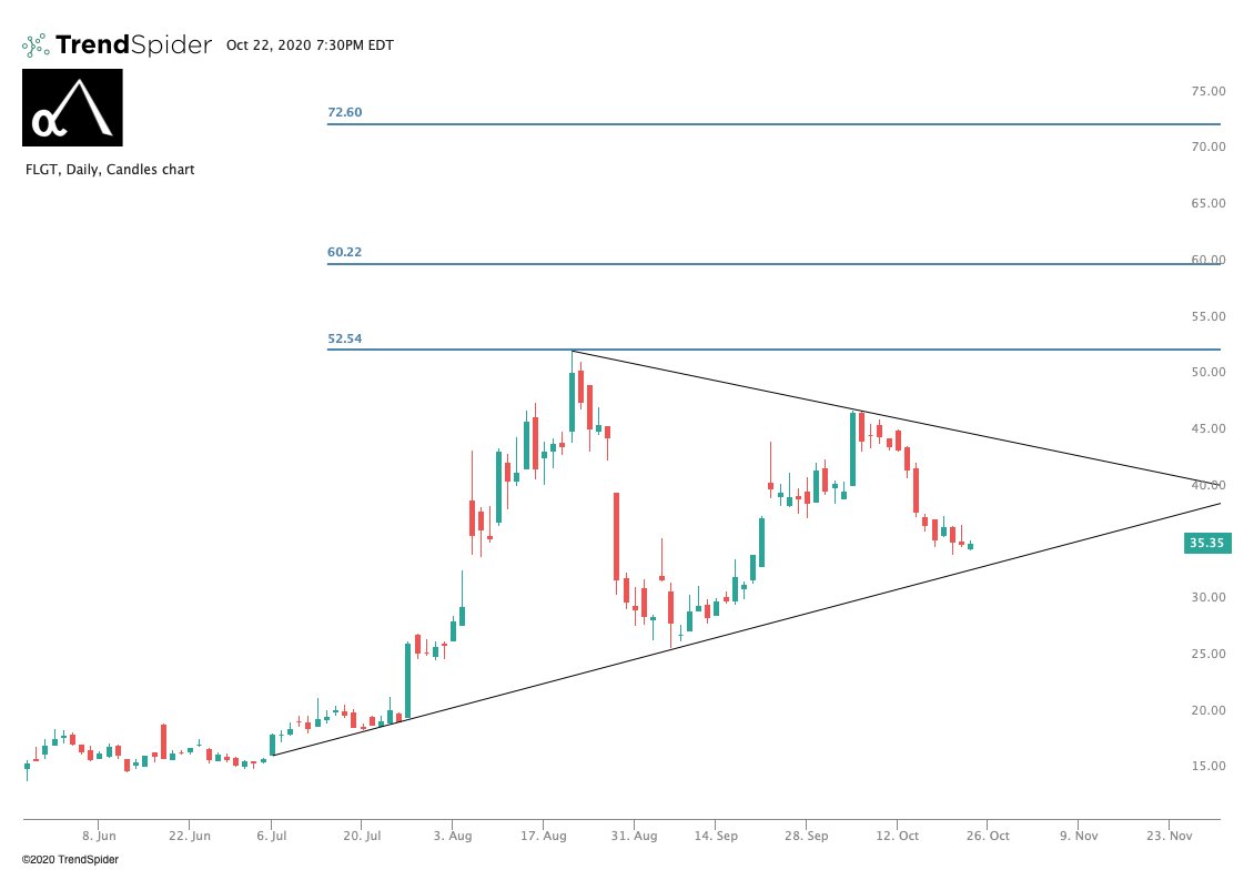  $FLGT. Winding and grindin' in a beautiful pennant. Likely looks to test lower line and then head higher and break for a test of all time highs!