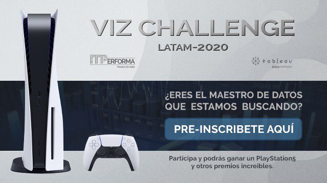 #ITPERFORMA te invita a que participes del #VIZCHALLENGE y ganes en una competencia hecha para los verdaderos conocedores de datos. 💪🏼 Podrás ganarte un Play Station 5 y otros premios increíbles. Pre inscríbete hasta al 1 de noviembre aquí 👉🏼 https://t.co/ZZzicHiJsF
#data20 https://t.co/Ljdpn01nc7