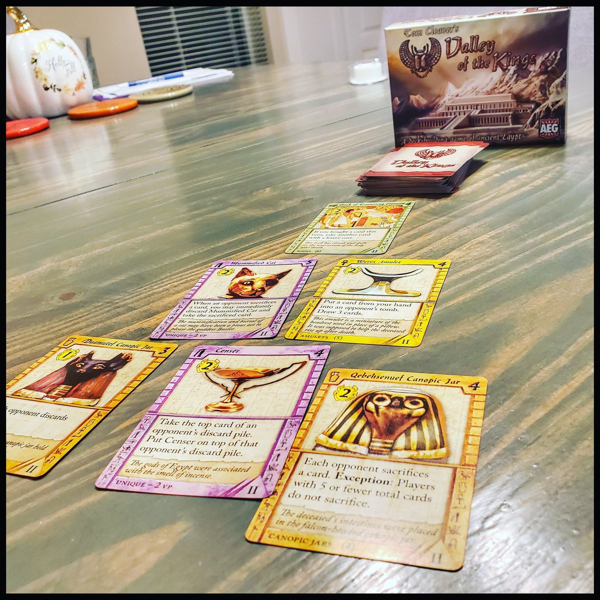 Making dinner and getting in a quick round of Valley of the Kings! Love how quick this deck builder sets up and plays!
#valleyofthekings @alderac #deckbuildinggame #boardgames #tabletopgames #bgg #boardgamegeek