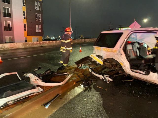 Denver_Fire's tweet photo. Responding lights &amp; sirens to a fire the #DenverFireDepartment Shift Commander was hit by a car causing the command vehicle to rollover trapping our Chief. After extrication efforts the Chief was removed &amp; luckily suffered minor injuries. @CityofDenver #YieldtoEmergencyVehicles https://t.co/HNCXAMImg1