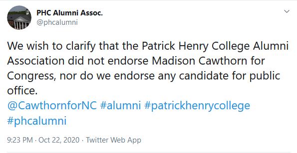 After Cawthorn lied about an endorsement from the Patrick Henry College Alumni Association, the association says they didn't endorse him, nor do they endorse any candidates. #nc11  #ncpol https://twitter.com/phcalumni/status/1319449219896410114