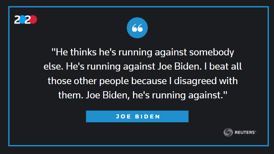 Biden touts his victory in the Democratic primaries and calls Trump a 'very confused guy' about who he is running against. Follow live  #Debates2020   updates:  https://reut.rs/3dPTVlb 