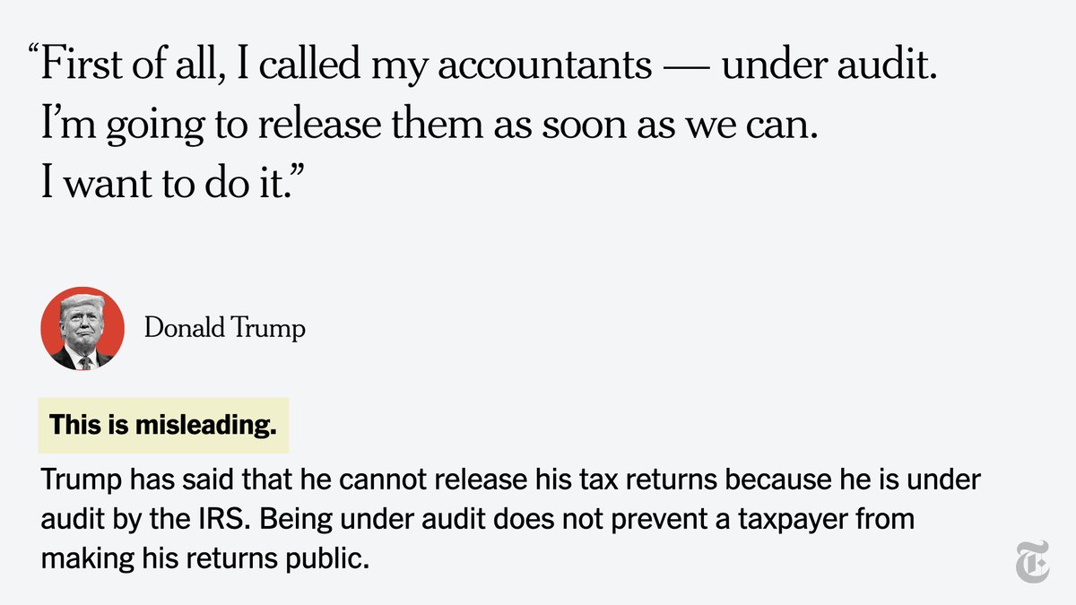 President Trump again pointed to the fact that he's under IRS audit as a reason he won't release his tax returns, a fact that doesn't prevent him from releasing them.Find all of our fact checks for the  #Debates2020   here.  http://nyti.ms/2IYohH1 