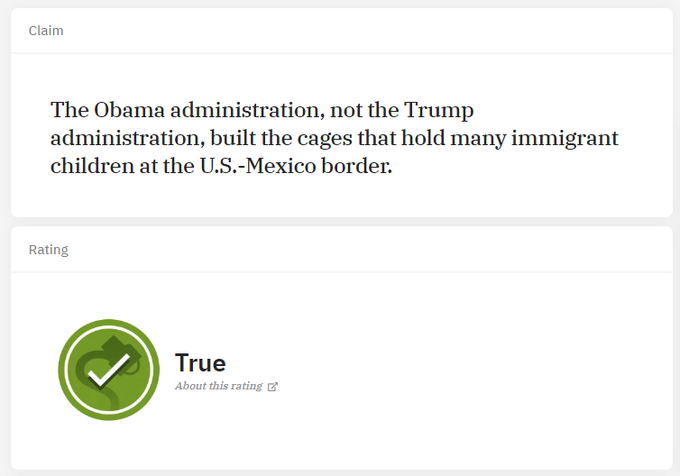 TrumpWarRoom's tweet image. Snopes says it’s “True” that “The Obama administration…built the cages that hold many immigrant children”

#Debates2020