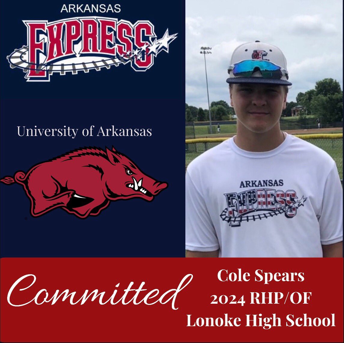 I am blessed to announce that I have committed to play baseball at the University of Arkansas.
I want to thank Arkansas EXPRESS, Coach Greg Baxendale and all my coaches and teammates for helping me reach my dream of being a Hog.

#WPS
@arexpressnation
@razorbackbaseball