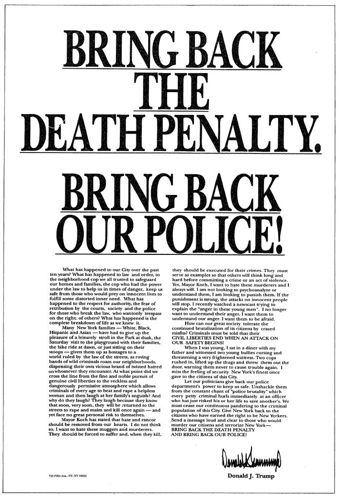 UberFacts's tweet photo. In 1989, Donald Trump took out a full-page ad calling for the execution of the 'Central Park Five' — Five black men who were falsely convicted of assaulting a jogger.

Each of them served between five and 12 years in prison before being exonerated by DNA evidence. https://t.co/J5tIr53ewI