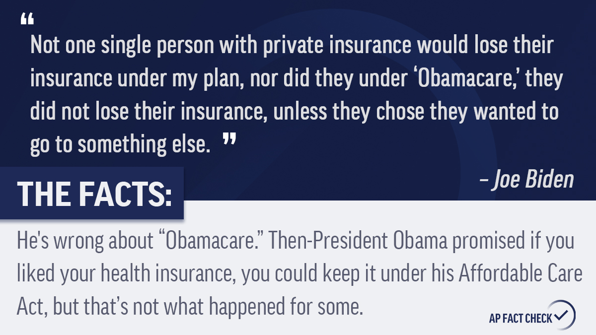 APFactCheck's tweet image. The #APFactCheck team reviews Joe Biden&apos;s statement about health insurance. #Debates2020 

Read more: apne.ws/7A0FpW6